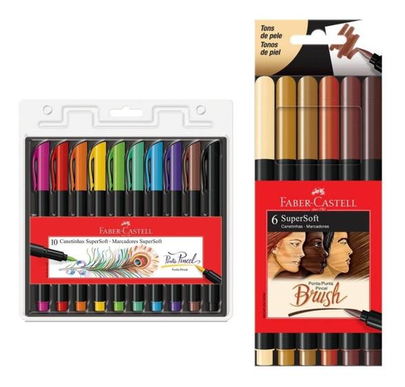 Imagem de Caneta Brush Pincel Pen Faber Castell c/ 10 Cores coloridas + 6 tons de pele Lançamento