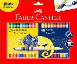 Caneta Hidrográfica Faber Bicolor 24 Canetinhas - 48 Cores - Faber Castell Imagem de Caneta Hidrográfica Faber Bicolor 24 Canetinhas - 48 Cores
