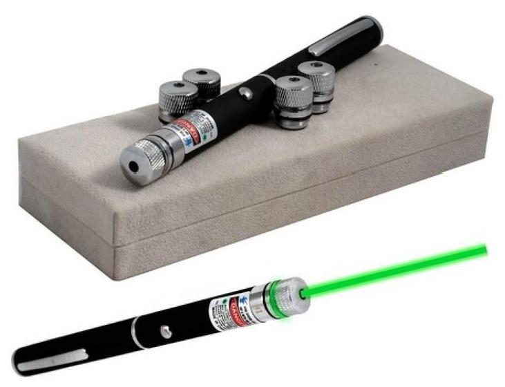 Caneta Laser Verde Pointer 300mW com 5 Ponteiras de Efeitos - Preta Menor preço em Caneta Laser Verde Pointer 300mW com 5 Ponteiras de Efeitos - Preta