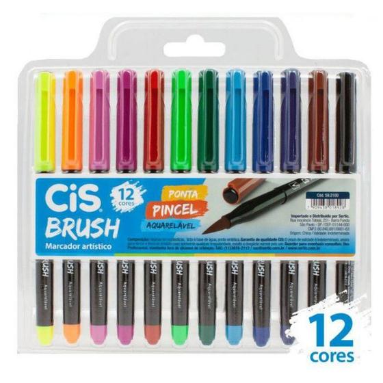 Imagem de Caneta Ponta Pincel Brush Aquarelável Estojo C/ 12 Cores Cis