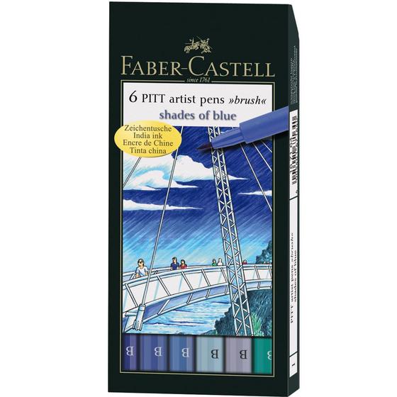 Canetas Pitt Brush Ponta Pincel Faber-Castell - Estojo com 6 Tons Celestes - Ref 167164 Menor preço em Canetas Pitt Brush Ponta Pincel Faber-Castell - Estojo com 6 Tons Celestes - Ref 167164