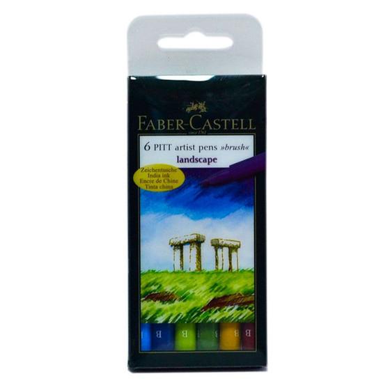 Canetas Pitt Faber-Castell artist pens brush Landscape - Estojo com 6 Canetas com Ponta Pincel B - Ref 167105N Menor preço em Canetas Pitt Faber-Castell artist pens brush Landscape - Estojo com 6 Canetas com Ponta Pincel B - Ref 167105N
