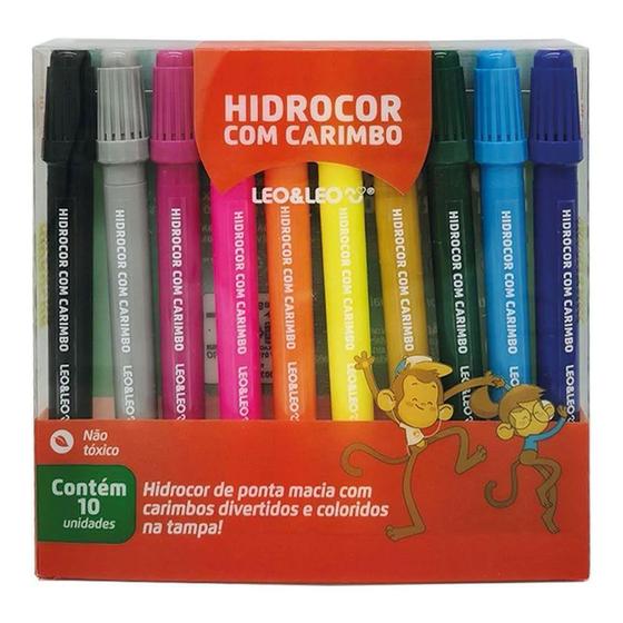 Imagem de Canetinha Hidrográfica 10 Cores com Carimbo Caneta Hidrocor Leo&Leo