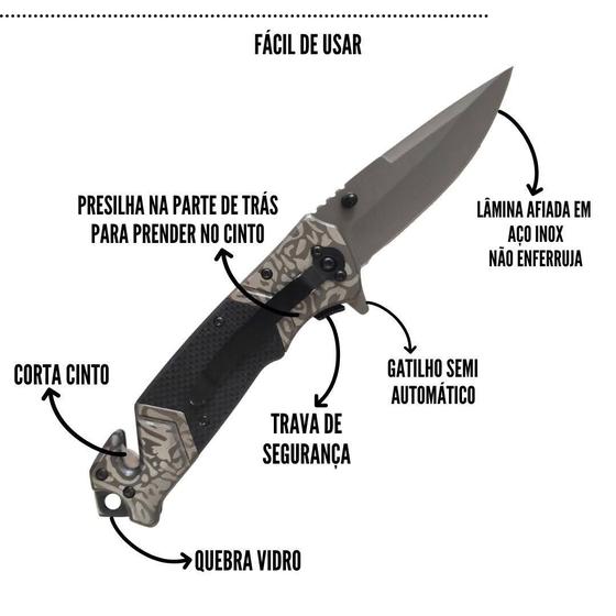 Imagem de Canivete Tático Militar Semi Automático Aço Inox Cabo Metal Presilha Para Cinto