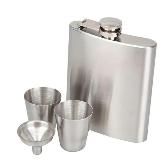 Cantil whiskeira de bolso porta bebidas copo E funil em aço inox 230ML Menor preço em Cantil whiskeira de bolso porta bebidas copo E funil em aço inox 230ML