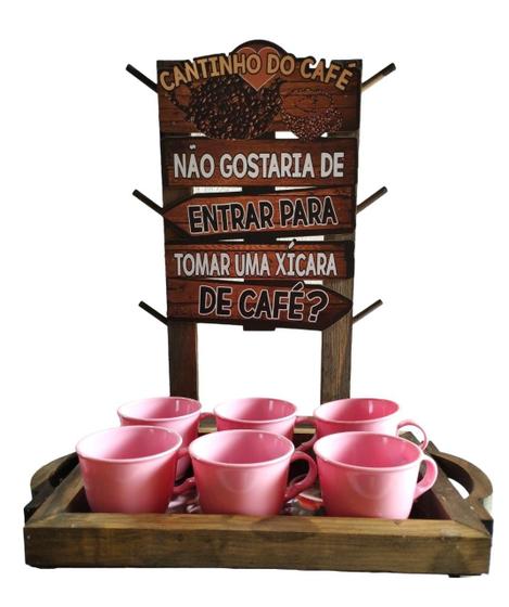 Imagem de Cantinho Do Café 6 Xícaras 170ml Acrilícas Com Suporte E Bandeja De Madeira Coffee Rosa Dona Florinda