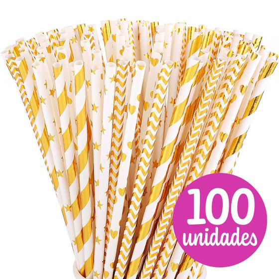 Imagem de Canudo de Papel 25 50 100 200un Metalizado Dourado Prata Estrela Biodegradavel Para Doces Drinks