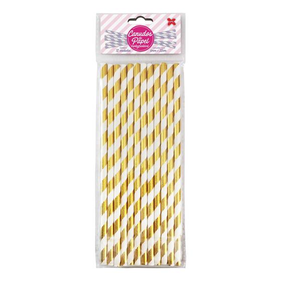 Imagem de Canudo de Papel Metalizado Listra Dourado C/ Branco 6mmx200mm - 4301 - 12 unidades