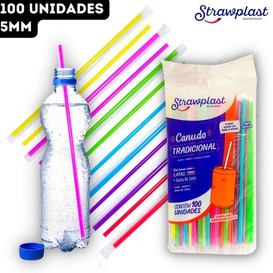 Imagem de Canudo Tradicional Colorido Sachê Individual PP Latinhas Copos Strawplast - 5mm - 100 unidades