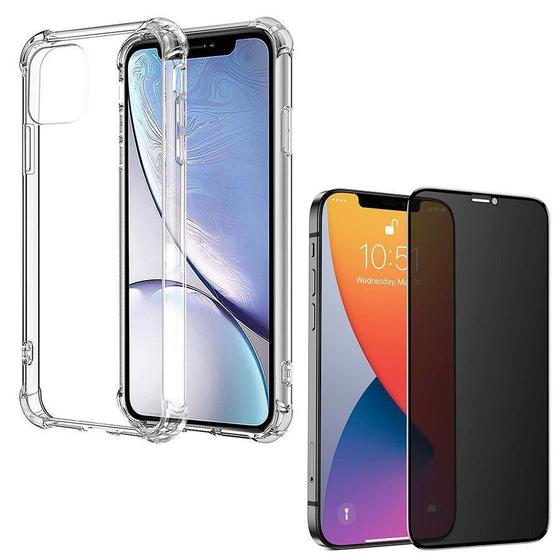 Imagem de Capa Anti Quedas Compatível iPhone 12 Pro + Película Vidro 3D Privacidade Anti Espião