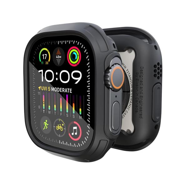 Imagem de Capa Bumper Elkson p/ Apple Watch, Protetor Tela Vidro 49mm, Série Quattro Max Resistente iWatch, Cobertura Protetora Durável Grau Militar, Flexível Prova de Choque, Preto