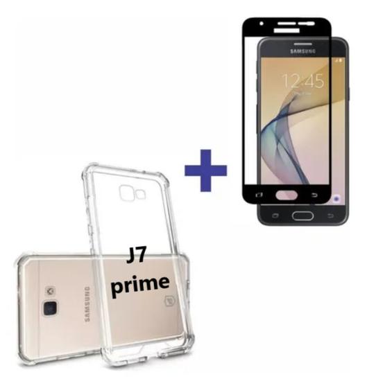 Imagem de Capa Capinha Case Samsung Galaxy J7 Prime  Anti Shock + Película Preta 3D 5D 9D Blindada Cobre 100% Da Tela