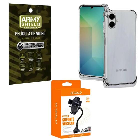 Imagem de Capa Capinha Transparente Para Galaxy A06 + Suporte Ventosa + Pelicula de Vidro 3D Armyshield