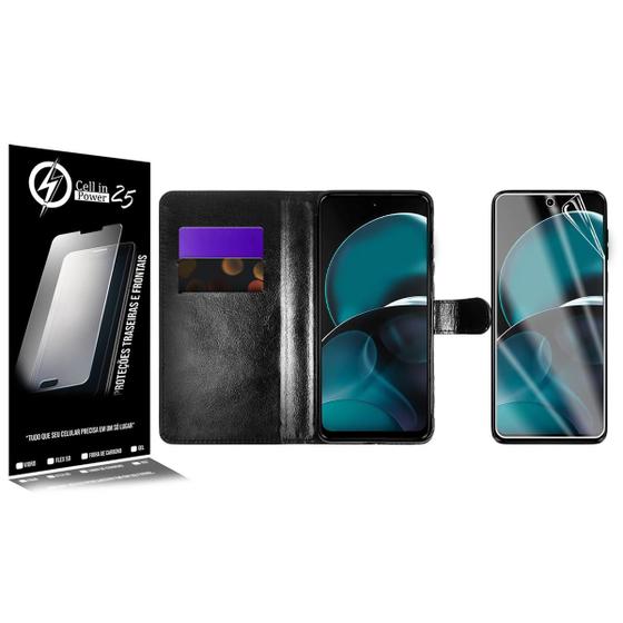 Imagem de Capa Case Carteira material sintético Preto + Película De Hydrogel HD Para Moto G14 Xt2341 6.5  - Cell In Power25