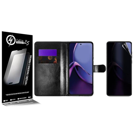 Imagem de Capa Case  Carteira material sintético Preto + Película De Hydrogel Privacidade Para Moto G84 XT2347 6.55  - Cell In Power2