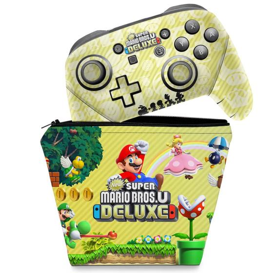 Imagem de Capa Case e Skin Adesivo Compatível Nintendo Switch Pro Controle - New Super Mario Bros. U