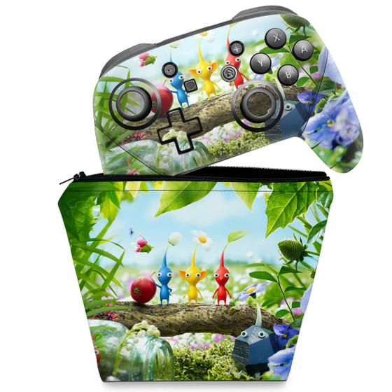 Imagem de Capa Case e Skin Adesivo Compatível Nintendo Switch Pro Controle - Pikmin