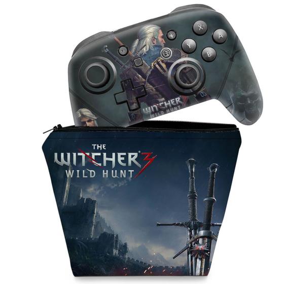 Imagem de Capa Case e Skin Adesivo Compatível Nintendo Switch Pro Controle - The Witcher 3: Wild Hunt