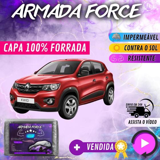 Imagem de Capa Cobrir Carro KWID 100% Forrada Armada Force 100% Impermeável Forro Total Protege Sol Chuva Poeira Lona Proteção Automotiva Hatch e Sedan