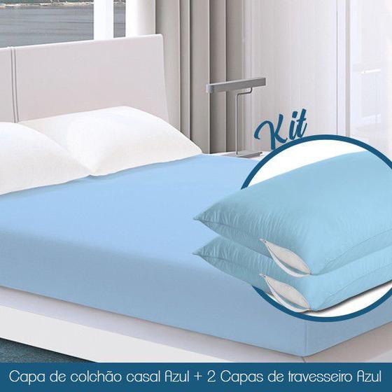 Imagem de Capa Colchão Casal Azul + 2 Capas de Travesseiro Azul
