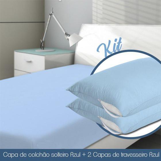 Imagem de Capa Colchão Solteiro Azul + 2 Capas de Travesseiro Azul 