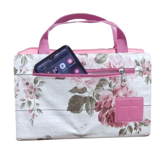 Imagem de Capa com Alça para Bíblila Grande Feminina Estilo Bolsa com Zíper e Bolso Externo Floridas