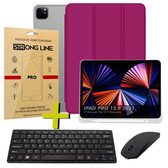 Imagem de Capa Compatível Com O Modelo iPad Pro 12.9 5ª Geração Smart Suporte Caneta + Combo Teclado e Mouse Bluetooth + Pelicula