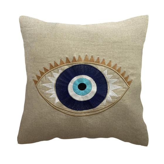 Imagem de Capa de Almofada Decorativa Olho Grego Bordado em Linho 45x45