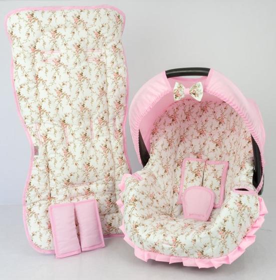 Imagem de Capa de bebê conforto e capa carrinho - flor bege nova