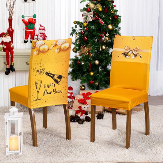 Imagem de Capa de Cadeira Jantar Avulsa Estampada Ano Novo Ajustável com Elástico - Protetora Para Cozinha Malha Gel Helanca