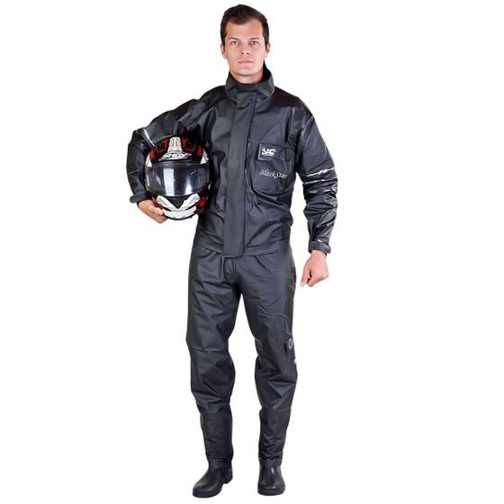 Imagem de Capa De Chuva Moto Masculina Pvc Impermeável Kit Jaqueta E Calça Preta