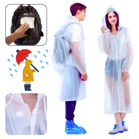 Imagem de Capa de Chuva transparente EVA Adulto Feminina Masculina Unisex c/Capuz Impermeável Resistente Poncho branco reutilizável para viagem acampamento home