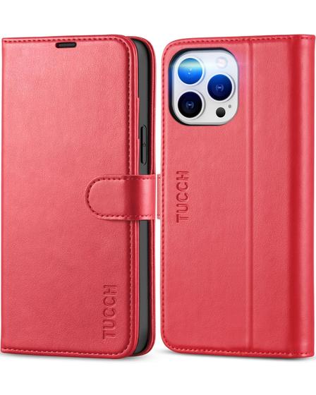 Imagem de Capa de Couro Vermelho tipo Carteira TUCCH para iPhone 13 Pro Max