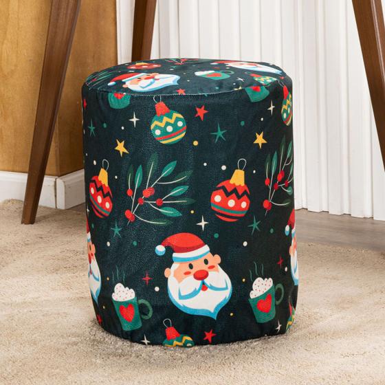Imagem de Capa de Puff Redondo Grande Avulsa Estampada Natalina Ajustável com Elástico - Tecido Veludo Suede Protetora Decoração Natal Banquinho Banco Pufe