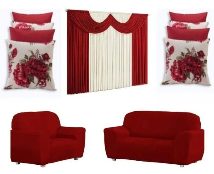 Imagem de Capa de sofa 2 e 3 lugares+1 cortina paris 2x1,70 + 4 capa de almofada 2 lisa 2 estampada