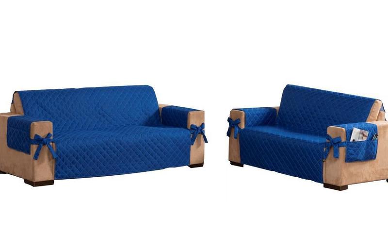 Imagem de Capa De Sofá 2 E 3 Lugares King Com Laço Porta Controle Azul