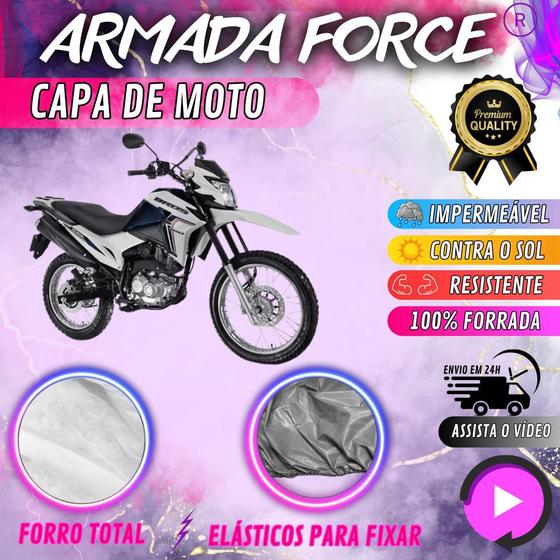 Imagem de Capa para Cobrir Moto Honda Bros 160 100% Forrada Forro Total Armada Force 100% Impermeável Forro Total Protege Sol Chuva Lona Proteção Automotiva