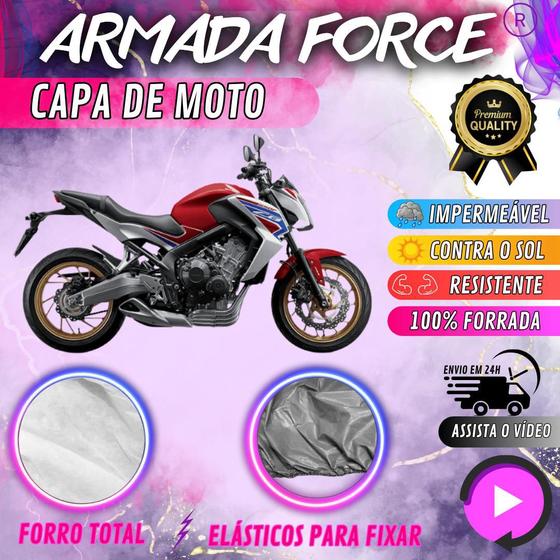 Imagem de Capa para Cobrir Moto Honda CB 650F 100% Forrada Forro Total Armada Force 100% Impermeável Forro Total Protege Sol Chuva Lona Proteção Automotiva