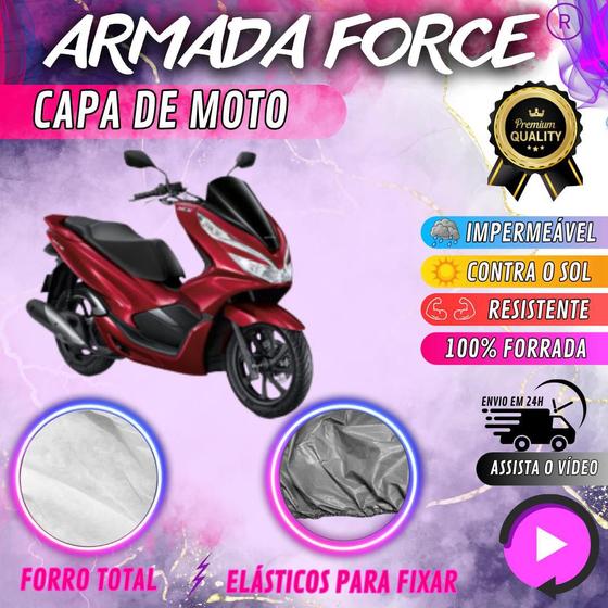 Imagem de Capa para Cobrir Moto HONDA PCX 100% Forrada Forro Total Armada Force 100% Impermeável Forro Total Protege Sol Chuva Poeira Lona Proteção Automotiva