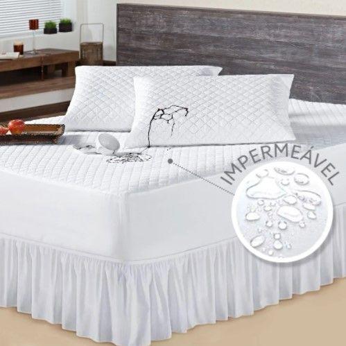Imagem de Capa para Colchão Casal Queen e 2 Porta Travesseiro Impermeável com Saia Box Branco