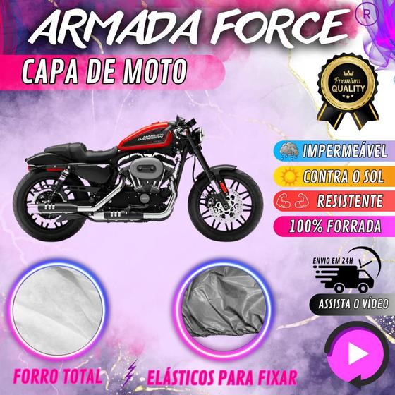 Imagem de Capa para Moto HARLEY ROADSTER 100% Forrada Forro Total Armada Force 100% Impermeável Forro Total Protege Sol Chuva Poeira Lona Proteção Automotiva