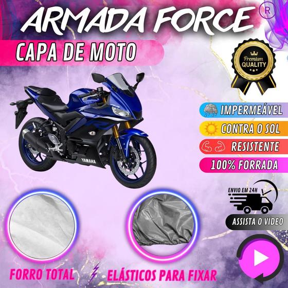 Imagem de Capa para Moto YAMAHA YZF-R3 100% Forrada Forro Total Armada Force 100% Impermeável Forro Total Protege Sol Chuva Poeira Lona Proteção Automotiva