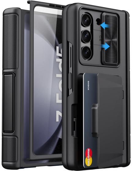 Imagem de Capa para Samsung Galaxy Z Fold 5 SIXBOX com suporte, porta-cartões e protetor de tela, preta