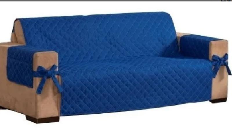 Imagem de Capa para sofa avulsa 3 lugares com laço e porta objetos azul