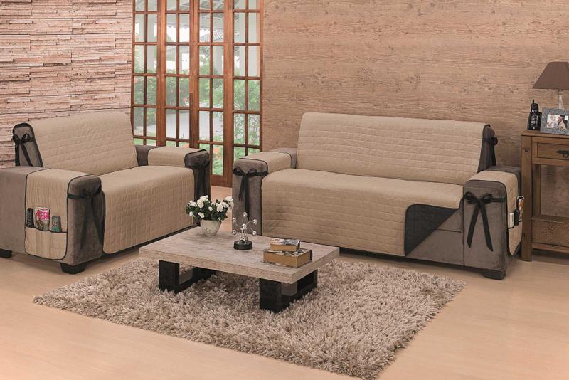 Imagem de Capa para sofá padrao fixo e reclinavel com 2 e 3 lugares dupla face premium + porta objetos + laços de fixacao e enfeite assentos 1,10