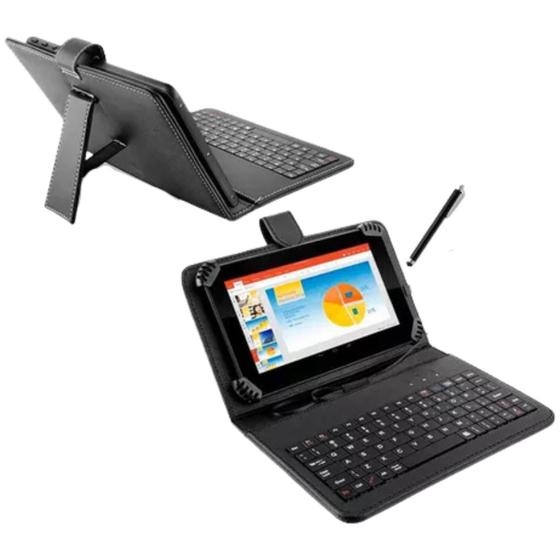 Imagem de Capa preta Case com teclado p/ Tablet de 7 a 8 polegadas Tipo C + Caneta Touch