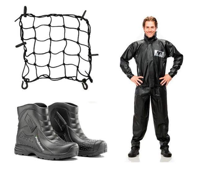 Imagem de Capa Roupa Chuva + Bota Borracha Pantaneiro + Rede Aranha Elástica Vestuário Jaqueta Calça Pvc Preta Moto Motoqueiro