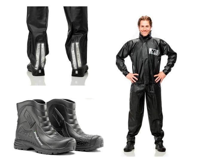 Imagem de Capa Roupa Chuva + Bota Borracha Pantaneiro Vestuário Jaqueta Calça Pvc Preta Moto Motoqueiro