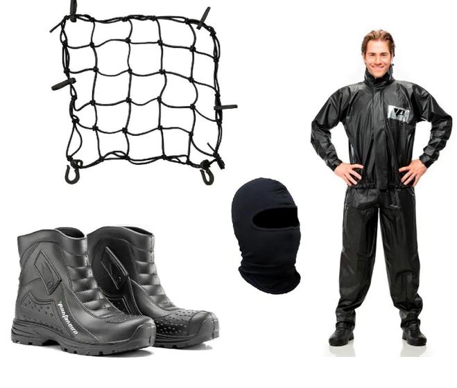 Imagem de Capa Roupa Chuva + Bota Pantaneiro + Capuz Touca Ninja + Rede Aranha Elástica Vestuário Jaqueta Calça Pvc Preta Moto Motoqueiro