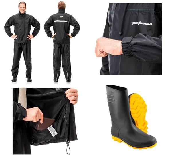 Imagem de Capa Roupa Chuva + Bota Solado Amarelo + Rede Aranha Vestuário Jaqueta Calça Pantaneiro Nylon Preta Moto Motoqueiro
